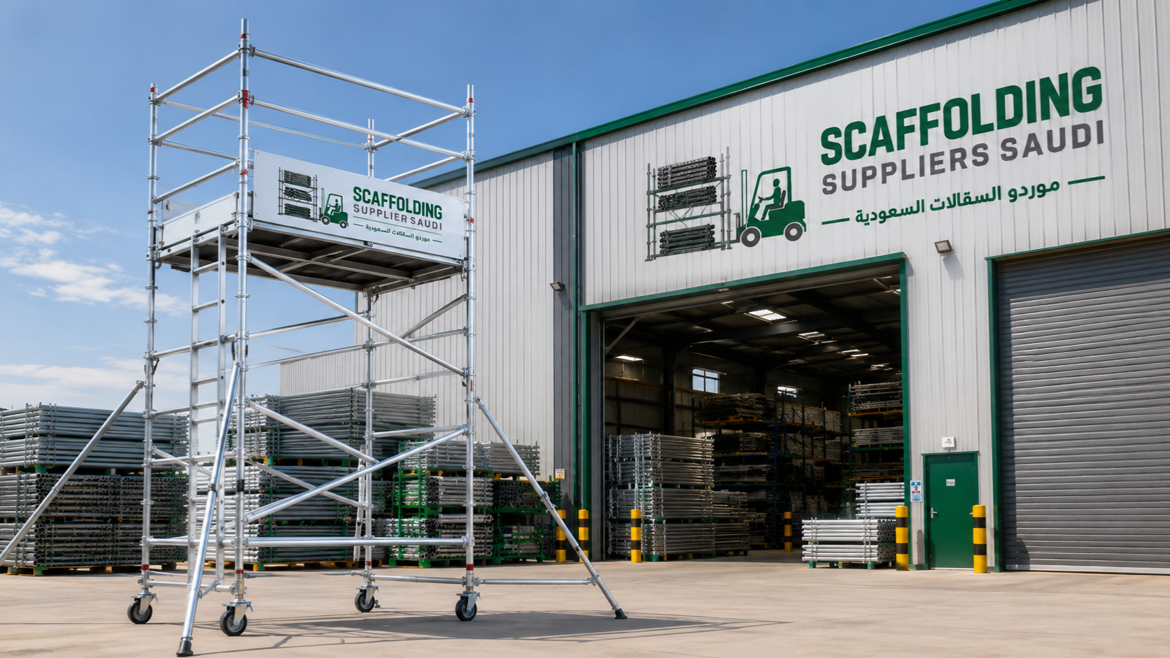Aluminium mobile scaffolding tower displayed outside the Scaffolding Suppliers Saudi warehouse, showcasing a heavy-duty rolling access platform with stabilizers for safe construction and industrial maintenance work.
