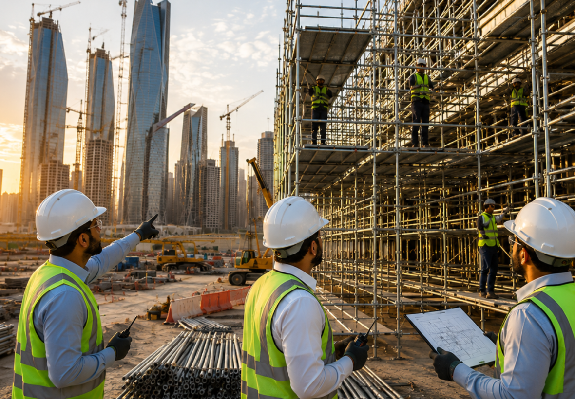Scaffolding engineers supervising the installation of a galvanized Ringlock scaffolding system on a high-rise construction project in Saudi Arabia, ensuring safe access, structural stability, and compliance with construction safety standards.